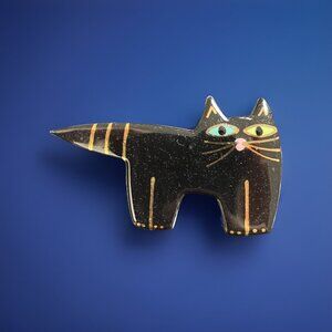 SEAN BROWN Ceramic Signed Black Cat Brooch Pin HTF